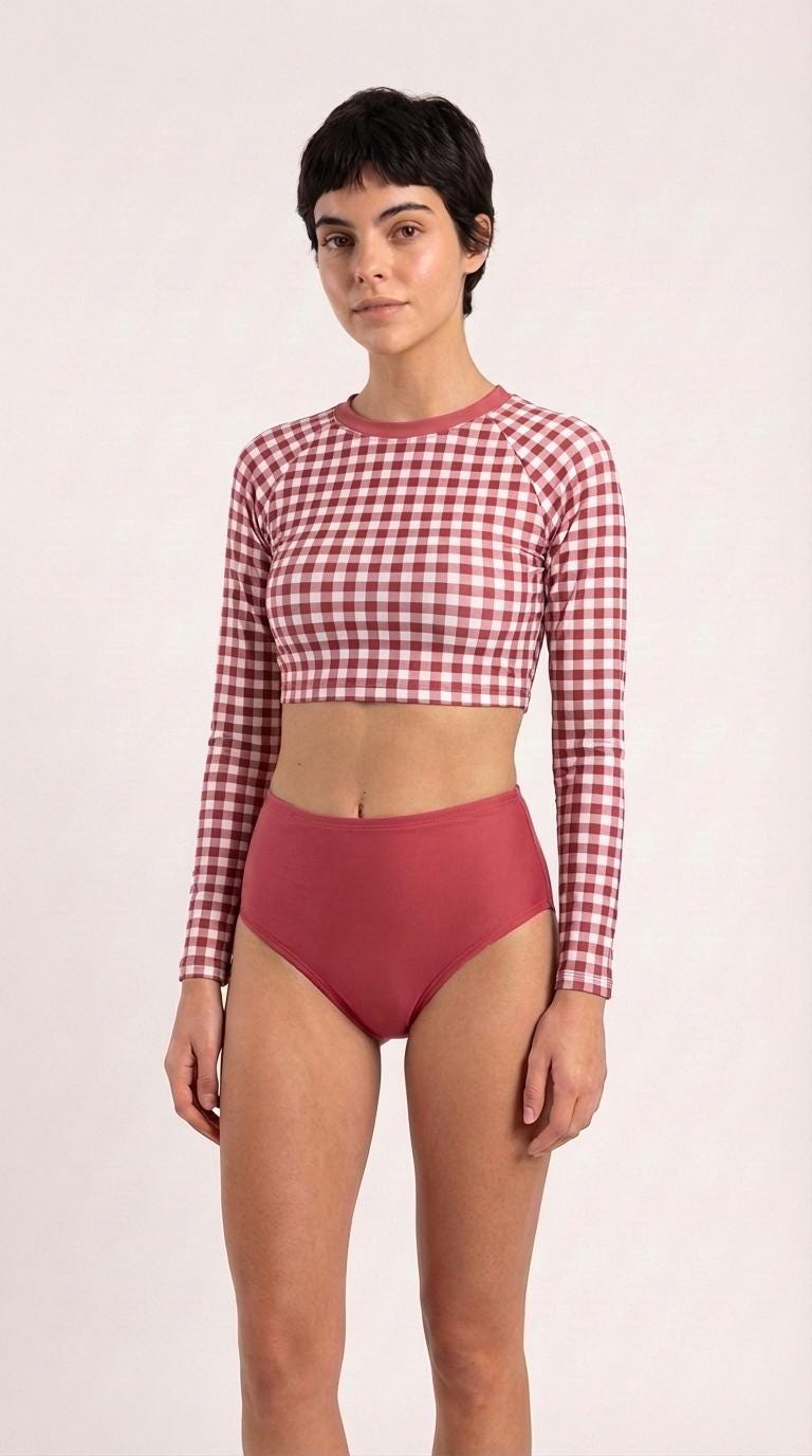 Retro Gingham Surf Suit | Long Sleeve Crop Top Bikini Swimwear Set