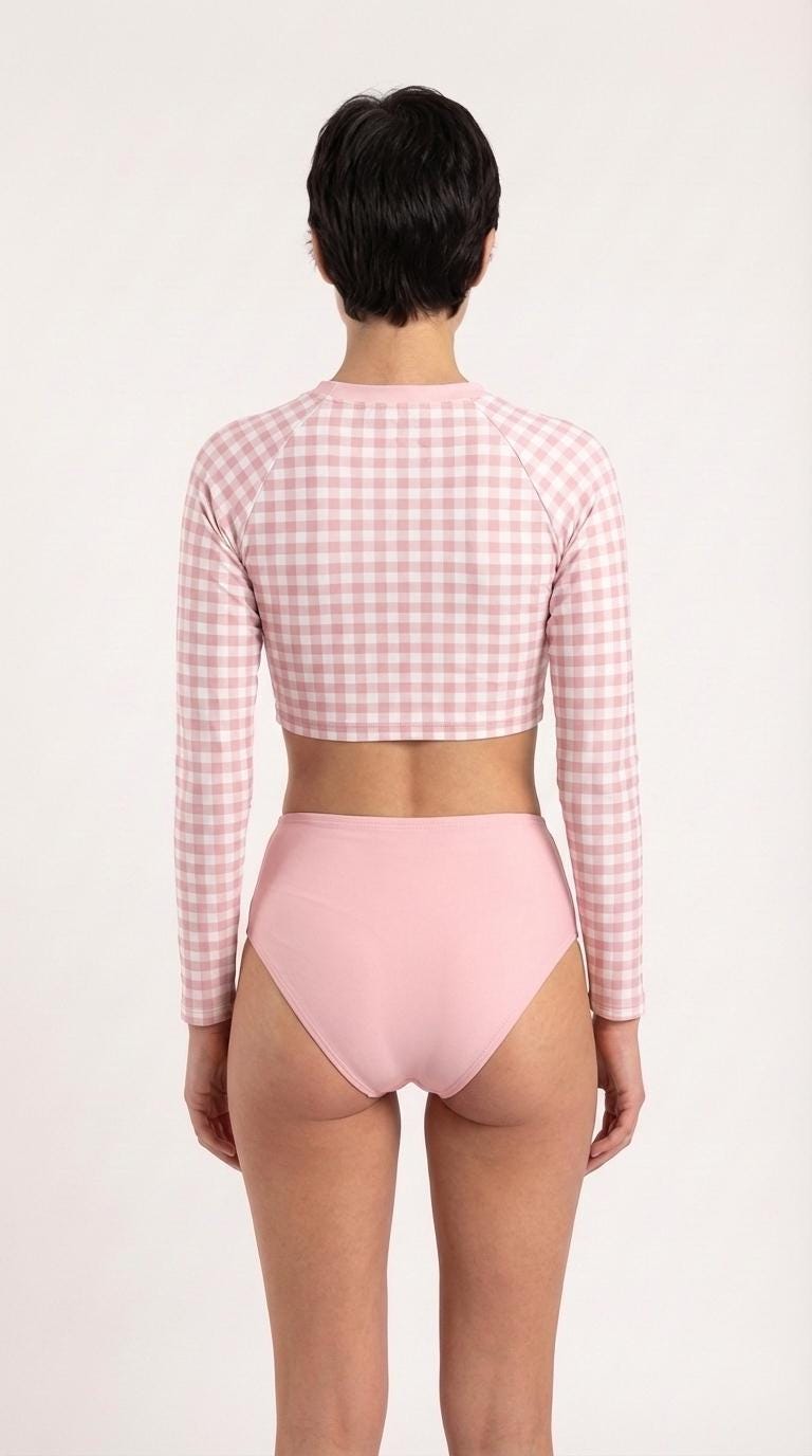 Retro Gingham Surf Suit | Long Sleeve Crop Top Bikini Swimwear Set