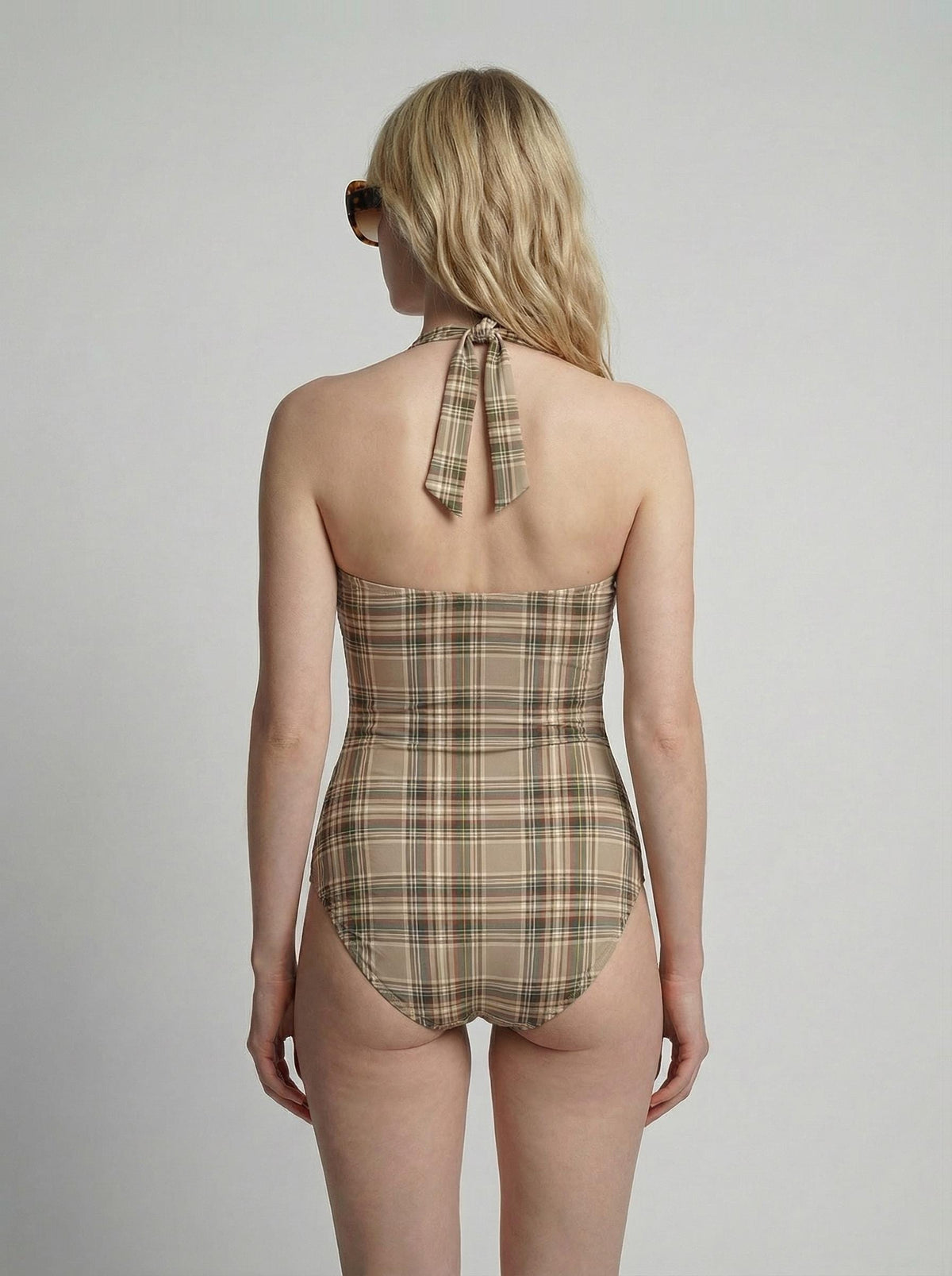 Coquette Vintage Pin-Up Plaid Checkered Halter Sweetheart One-Piece Swimsuit, Padding & Tummy Control, Beige