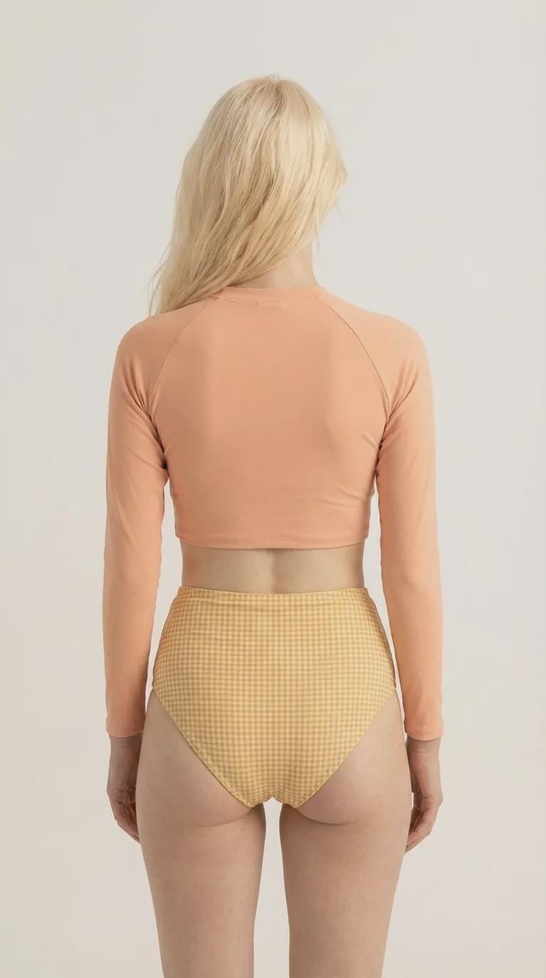 Retro Raglan Crop Top Bikini, High Waist Swimsuit, 70s Style, Salmon with Gingham