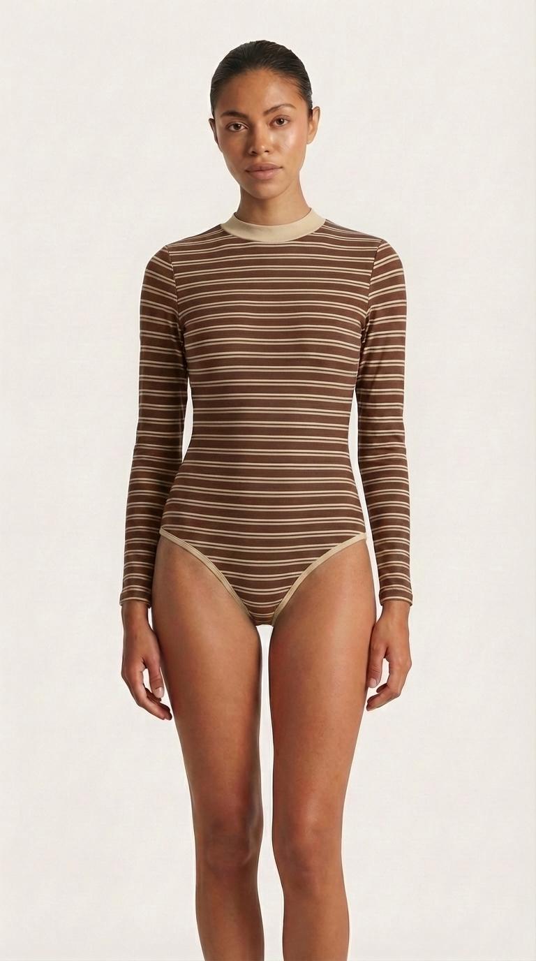 Retro Long-Sleeve One-Piece Swimsuit - Back Zipper - Lightweight - Soft Chest Pads - with Stripes