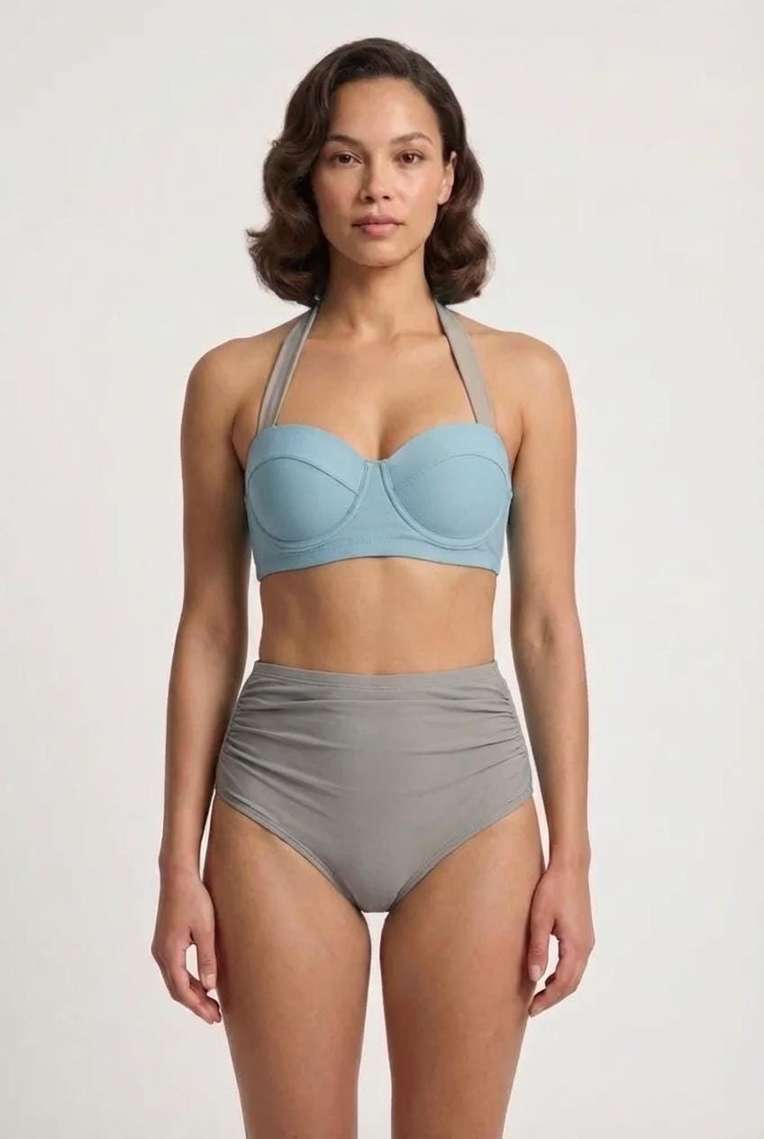 Retro Sweetheart High-Waist Bikini, 1960s-Inspired Pin Up Halter Swimsuit, Blue & Taupe