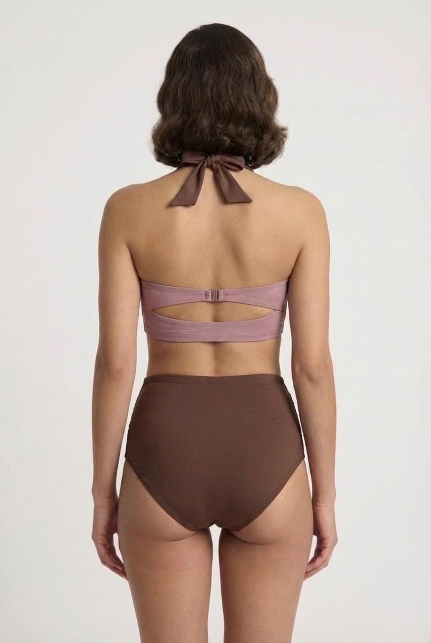 Retro Sweetheart High-Waist Bikini, 1960s-Inspired Pin Up Halter Swimsuit, Brown & Mauve