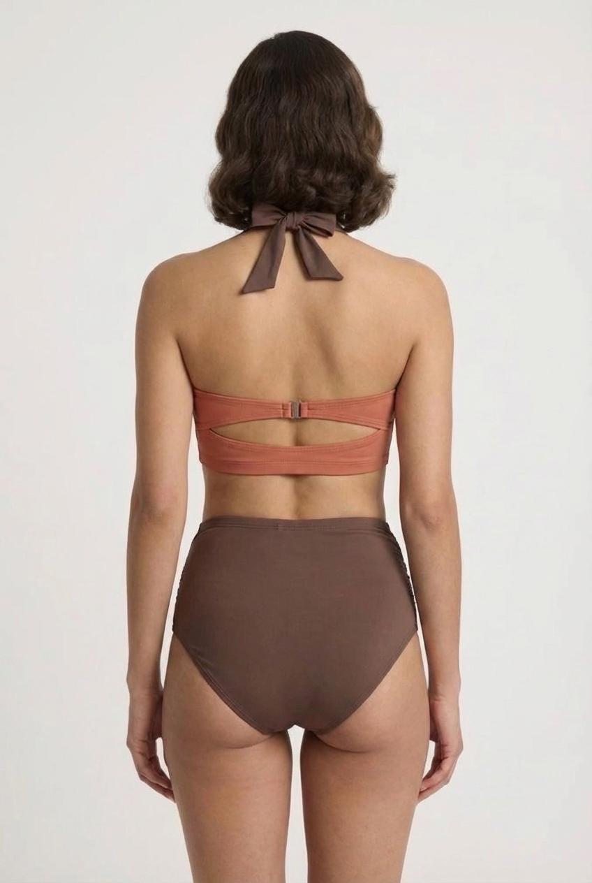 Retro Sweetheart High-Waist Bikini, 1960s-Inspired Pin Up Halter Swimsuit, Brown & Terracotta