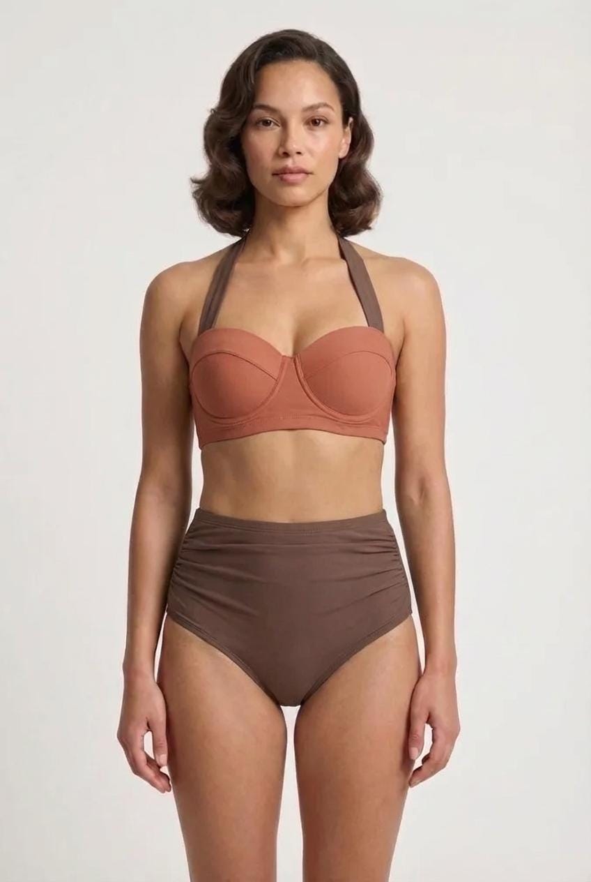 Retro Sweetheart High-Waist Bikini, 1960s-Inspired Pin Up Halter Swimsuit, Brown & Terracotta