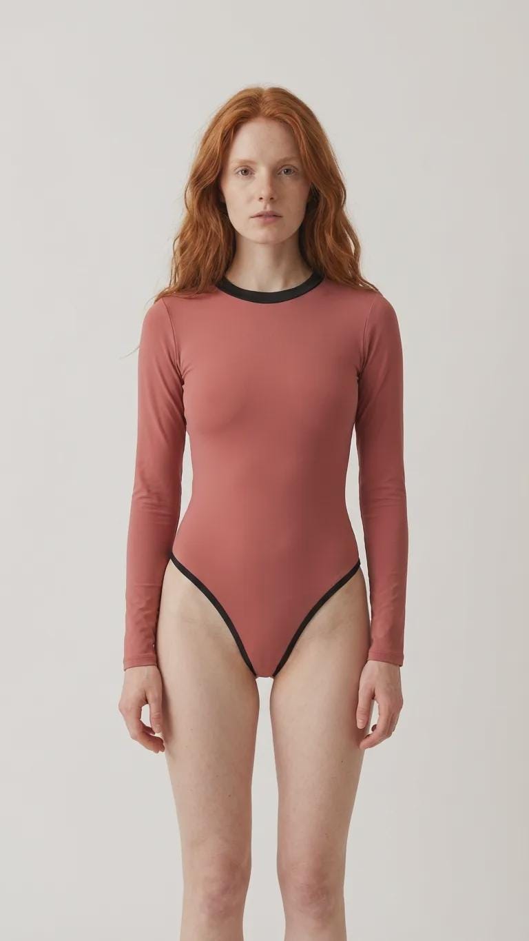 Long-Sleeve One-Piece Swimsuit - Back-Zipper - Lightweight - Soft Chest-Pads - Retro Muted Colours with Black Details