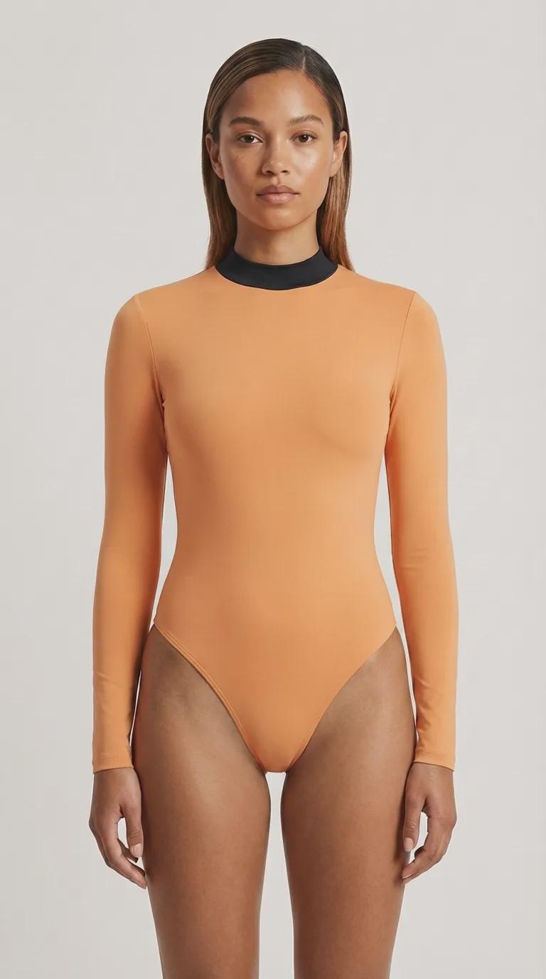 Black-Collar Long-Sleeve Swimsuit – Cut-Out Back & Thumbholes – High-Leg One-Piece – Goth Grunge Surf Swimwear – Removable Padding