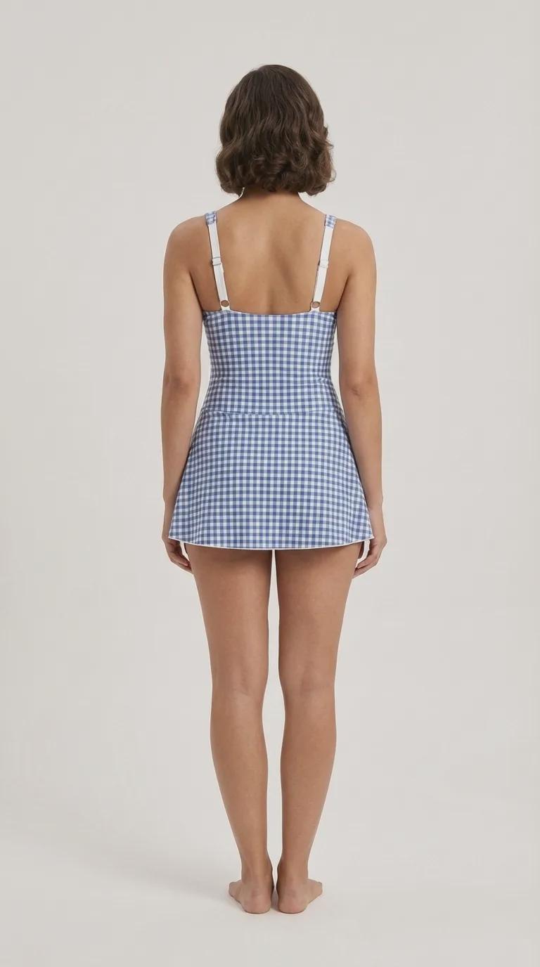 Retro Skirted One-Piece Swimsuit with Side Knot | Integrated Bottoms | Blue Gingham