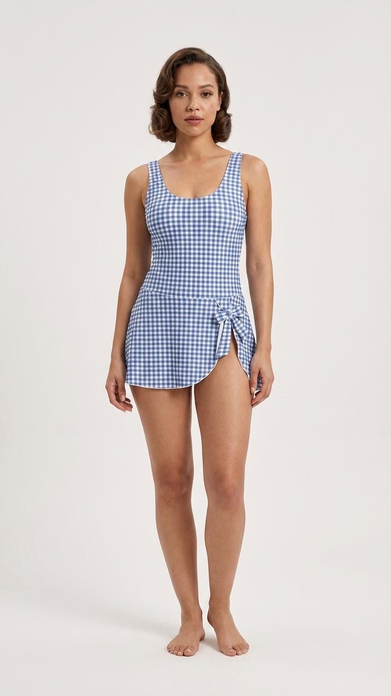 Retro Skirted One-Piece Swimsuit with Side Knot | Integrated Bottoms | Blue Gingham