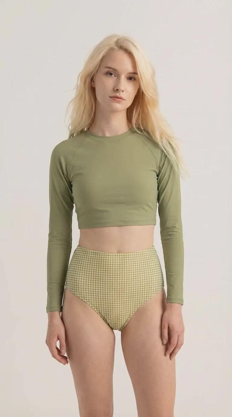 Retro Raglan Crop Top Bikini, High Waist Swimsuit, 70s Style, Olive Green with Gingham