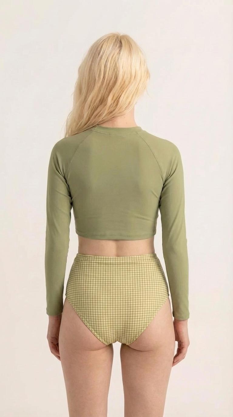Retro Raglan Crop Top Bikini, High Waist Swimsuit, 70s Style, Olive Green with Gingham