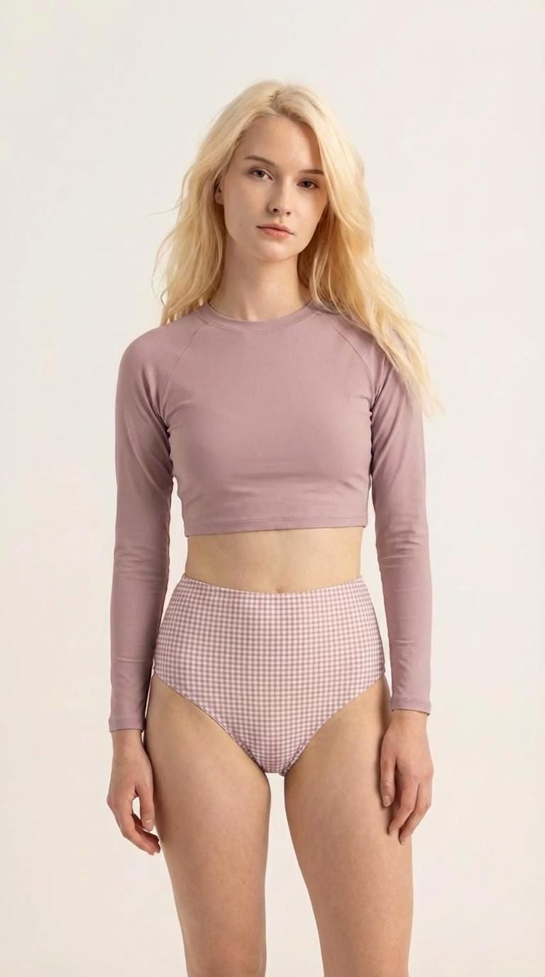 Retro Raglan Crop Top Bikini, High Waist Swimsuit, 70s Style, Mauve with Gingham