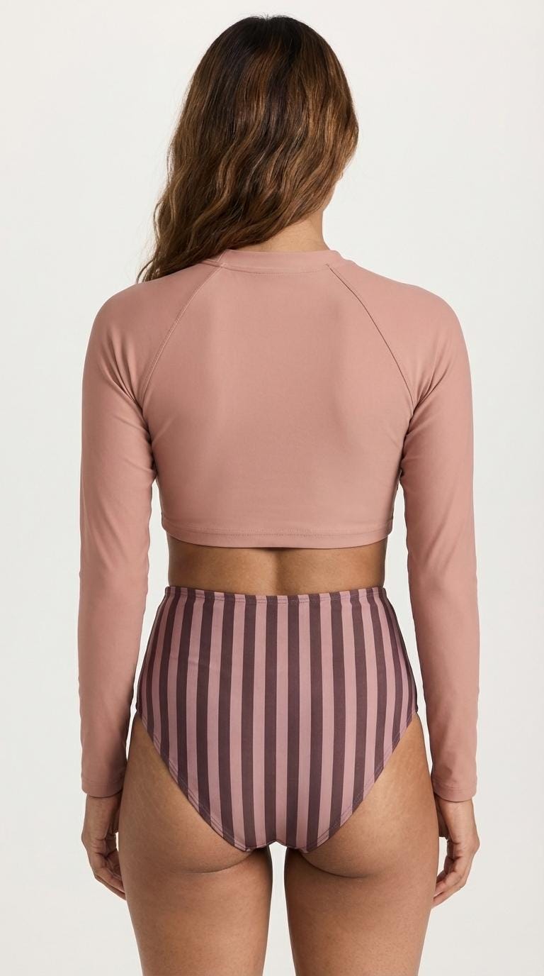 Retro Surf Long-Sleeve Bikini - Cropped Rash-Guard, High-Waist Bottoms - Sporty Two-Piece Swimsuit, Coral with Stripes