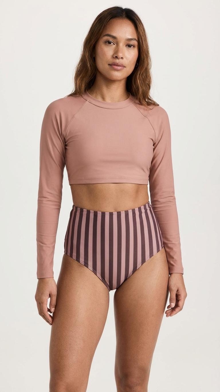 Retro Surf Long-Sleeve Bikini - Cropped Rash-Guard, High-Waist Bottoms - Sporty Two-Piece Swimsuit, Coral with Stripes