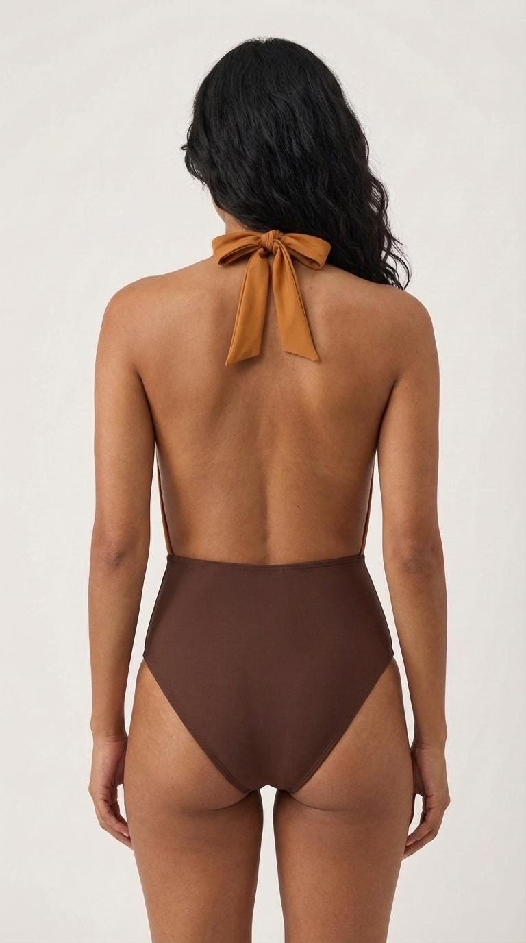 Retro Monroe Mustard and Brown Halter Plunge One Piece Swimsuit