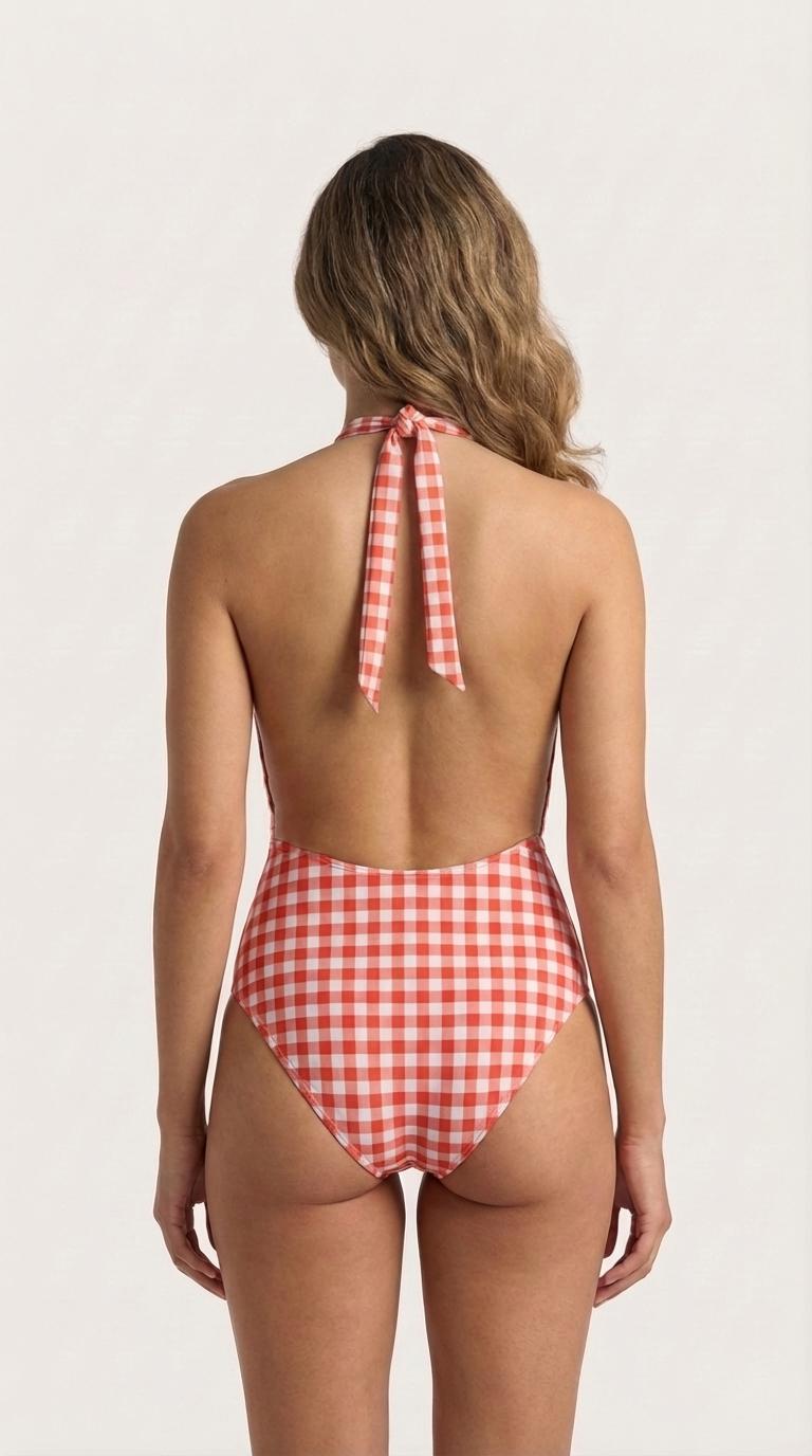 Retro Monroe Red Gingham Halter Plunge One Piece Swimsuit