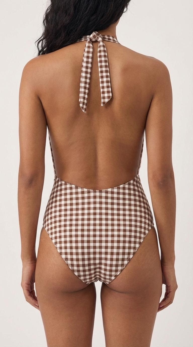 Retro Monroe Brown Gingham Halter Plunge One Piece Swimsuit