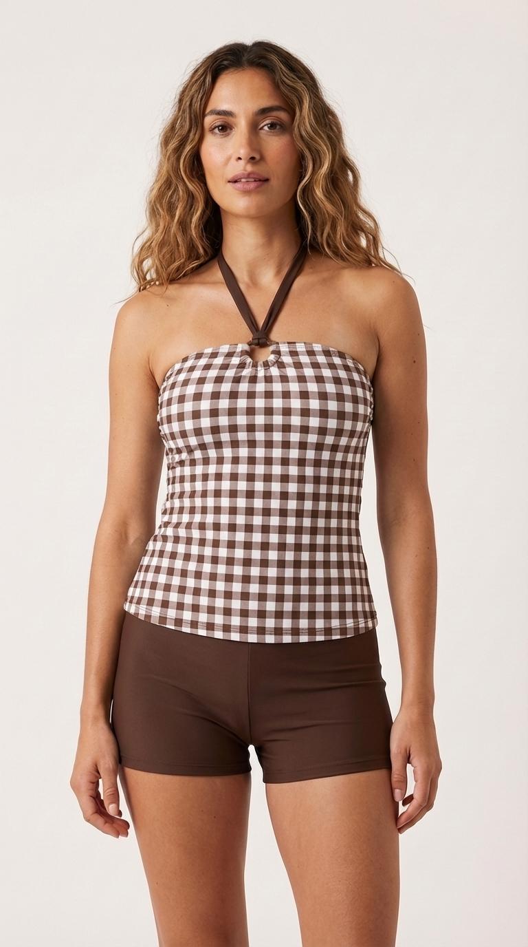 Halter Tankini Boyshorts Swimwear Set | Two-Piece Flattering Swimsuit | Gingham