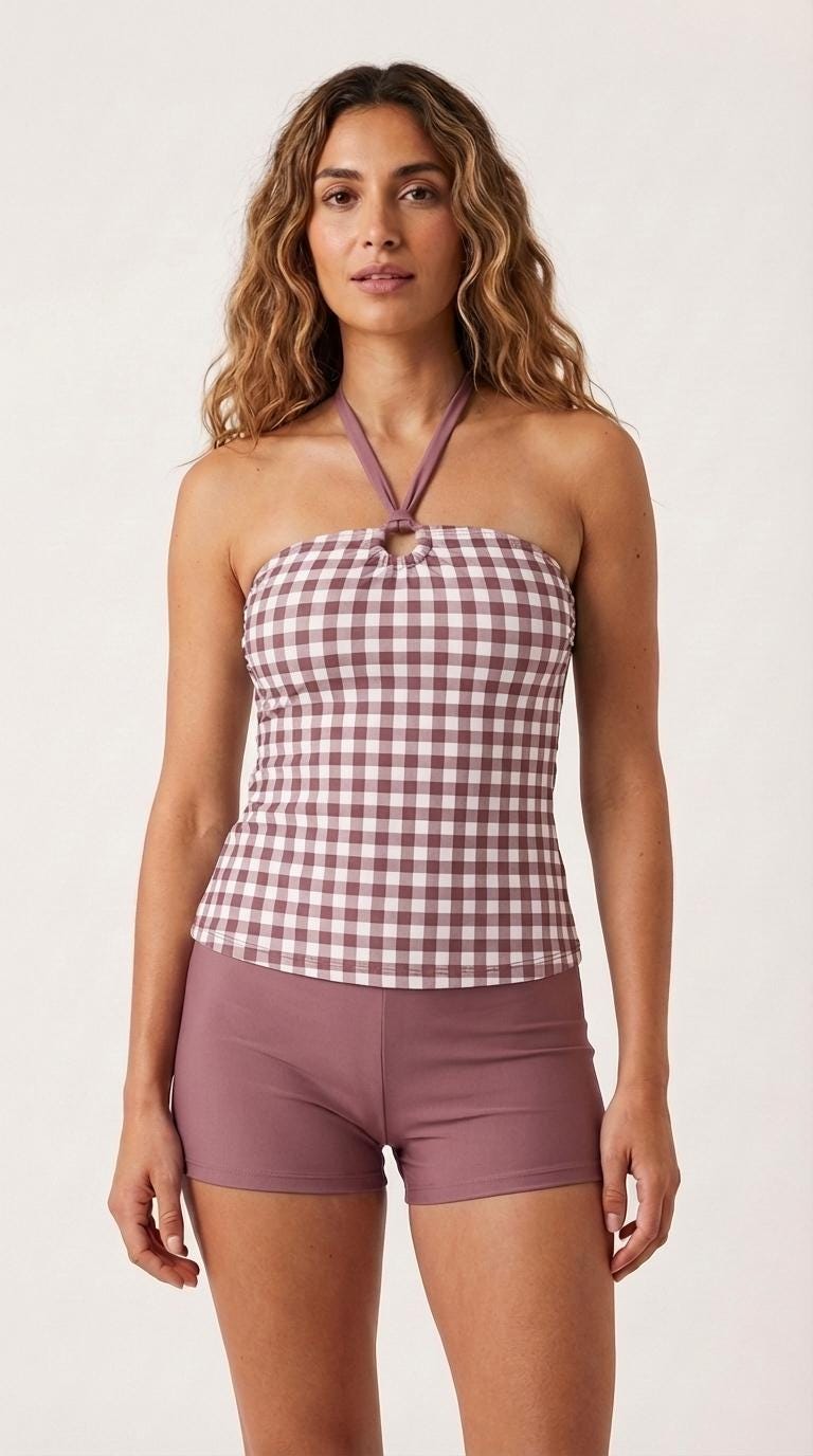 Halter Tankini Boyshorts Swimwear Set | Two-Piece Flattering Swimsuit | Gingham