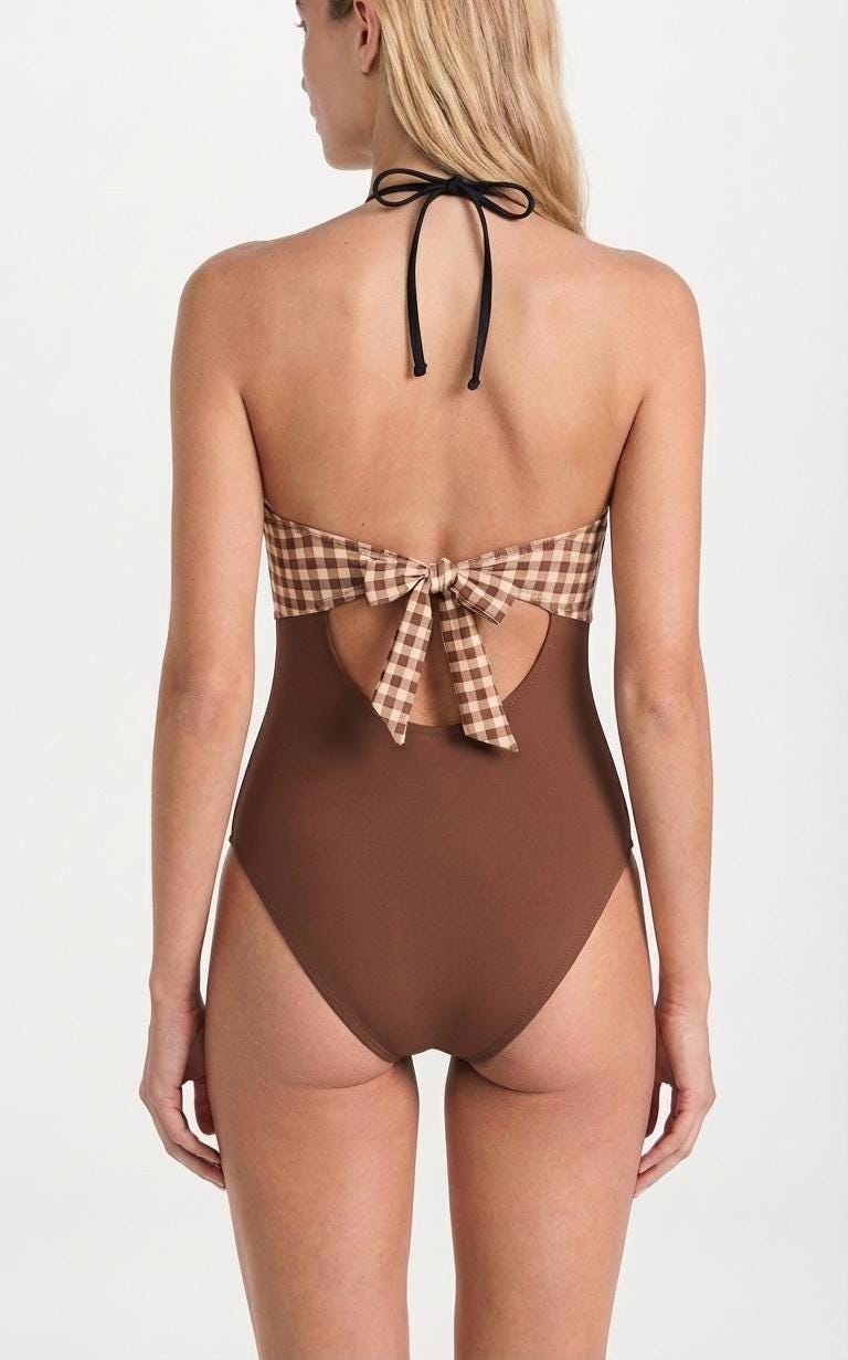 Tie Front Cut-Out One-Piece Swimsuit – Retro Sexy Plunge Monokini – Gingham