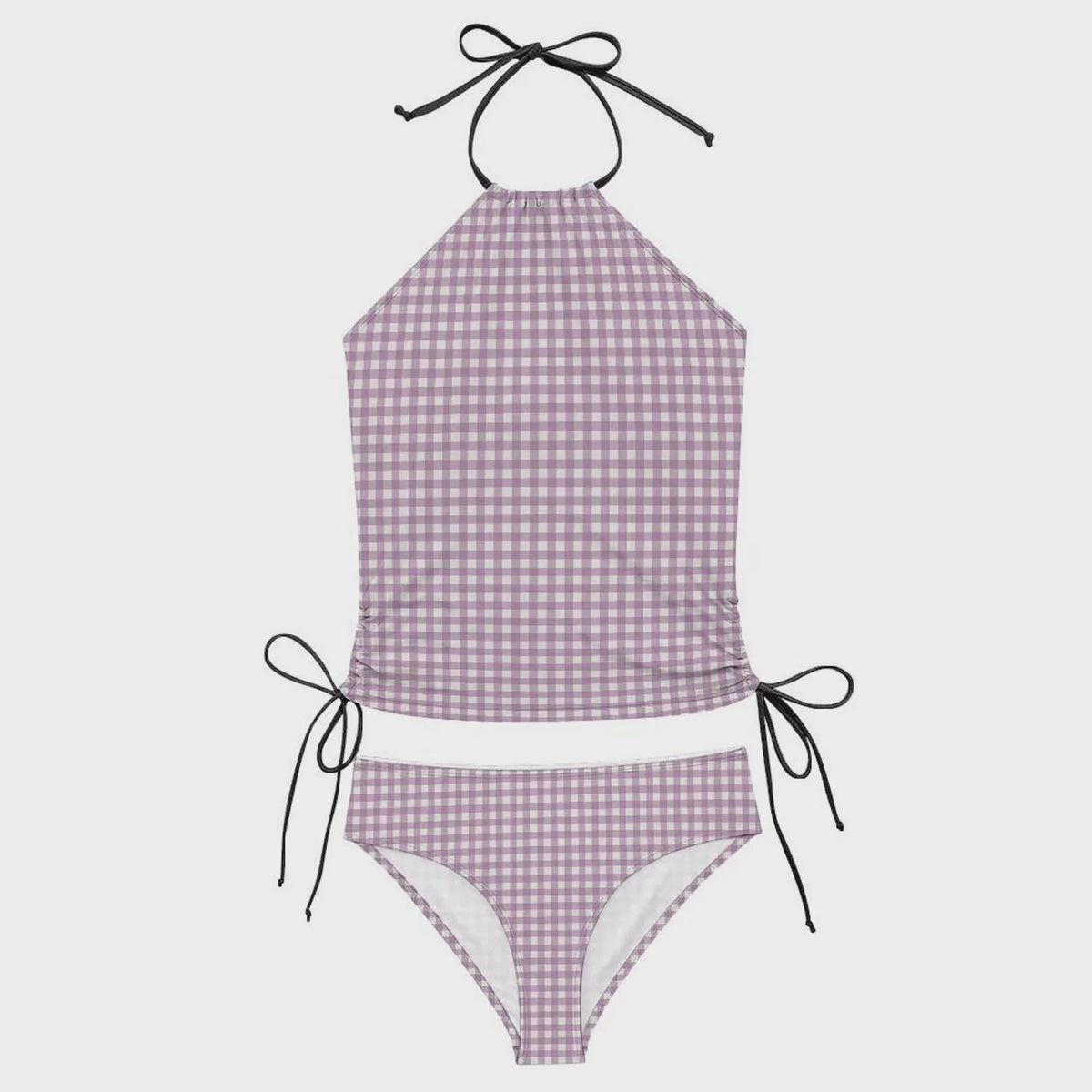 Stylish Halterneck Tankini – Gingham Two-Piece Swimsuit with Side Drawstrings, Flattering & Comfortable