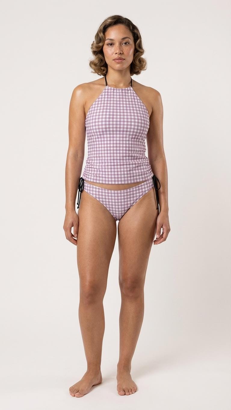 Stylish Halterneck Tankini – Gingham Two-Piece Swimsuit with Side Drawstrings, Flattering & Comfortable