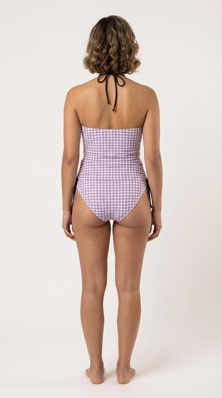 Stylish Halterneck Tankini – Gingham Two-Piece Swimsuit with Side Drawstrings, Flattering & Comfortable