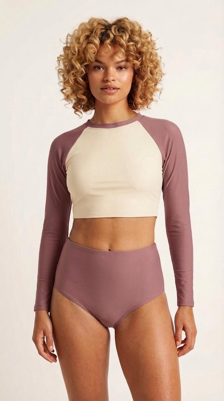Vintage-Inspired Two-Tone Red Two-Piece Swimsuit | Retro Surf Long-Sleeve Crop-Top | High-Waisted Bottoms