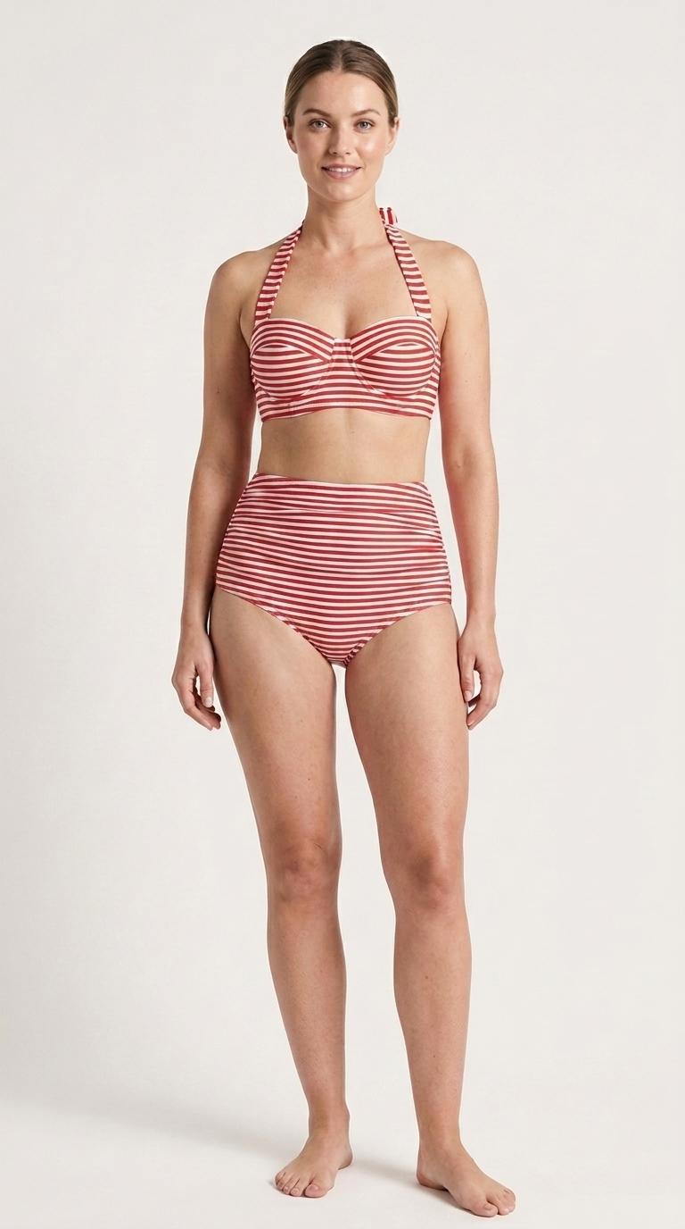 Red Stripes Coquette Vintage-Inspired High-Waist Bikini, Retro Pin-Up 50s Two-Piece Swimsuit