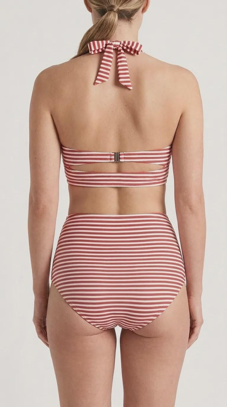 Red Stripes Coquette Vintage-Inspired High-Waist Bikini, Retro Pin-Up 50s Two-Piece Swimsuit