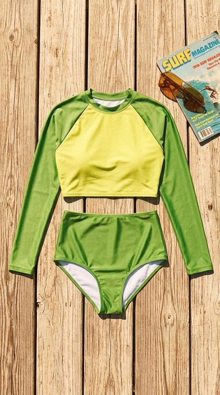 Vintage-Inspired Two-Tone Green Two-Piece Swimsuit | Retro Surf Long-Sleeve Crop-Top | High-Waisted Bottoms
