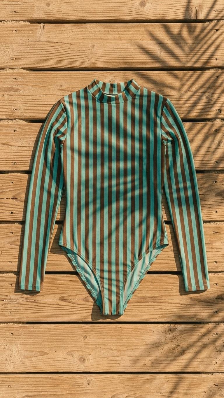 Striped Long Sleeve Open Back Swimsuit, One-Piece Surf Swimwear, Front Lined, Removable Padding