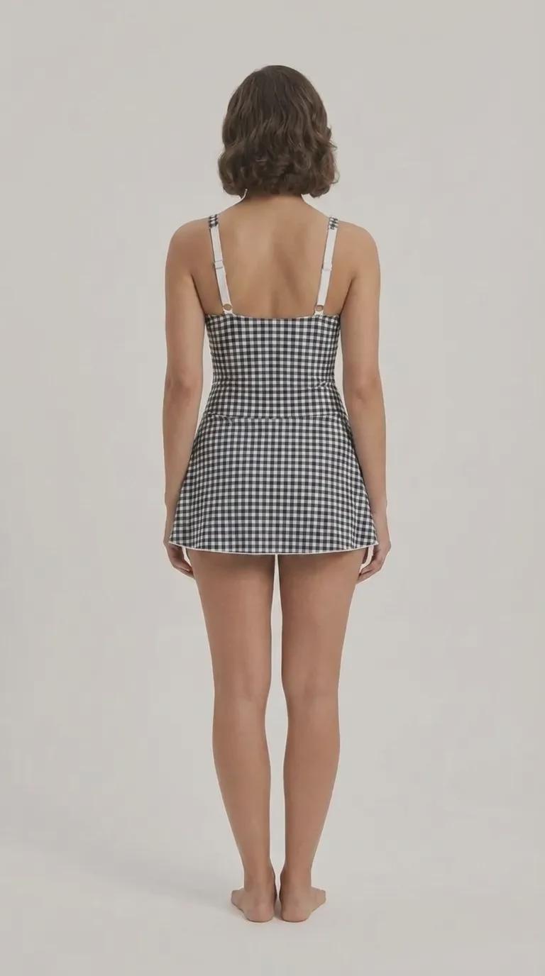 Retro Skirted One-Piece Swimsuit with Side Knot | Integrated Bottoms | Black Gingham