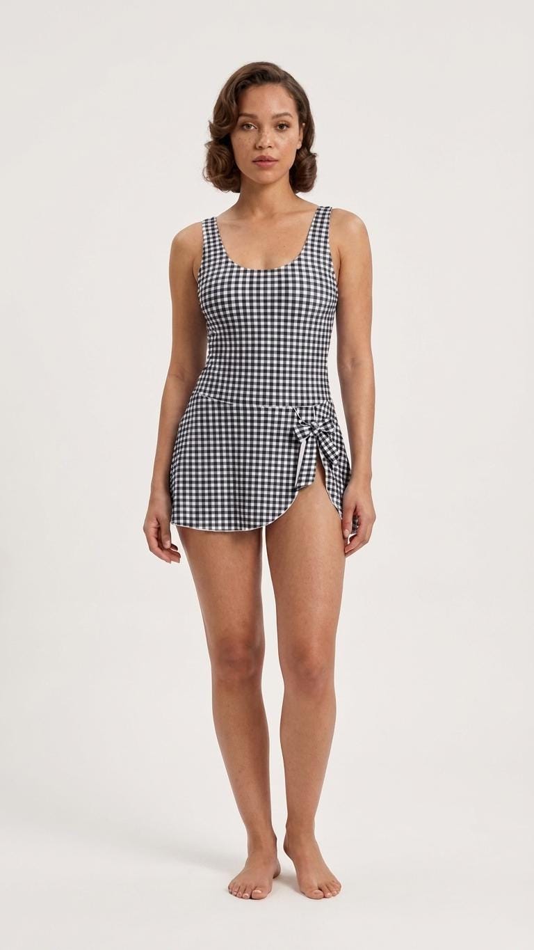 Retro Skirted One-Piece Swimsuit with Side Knot | Integrated Bottoms | Black Gingham