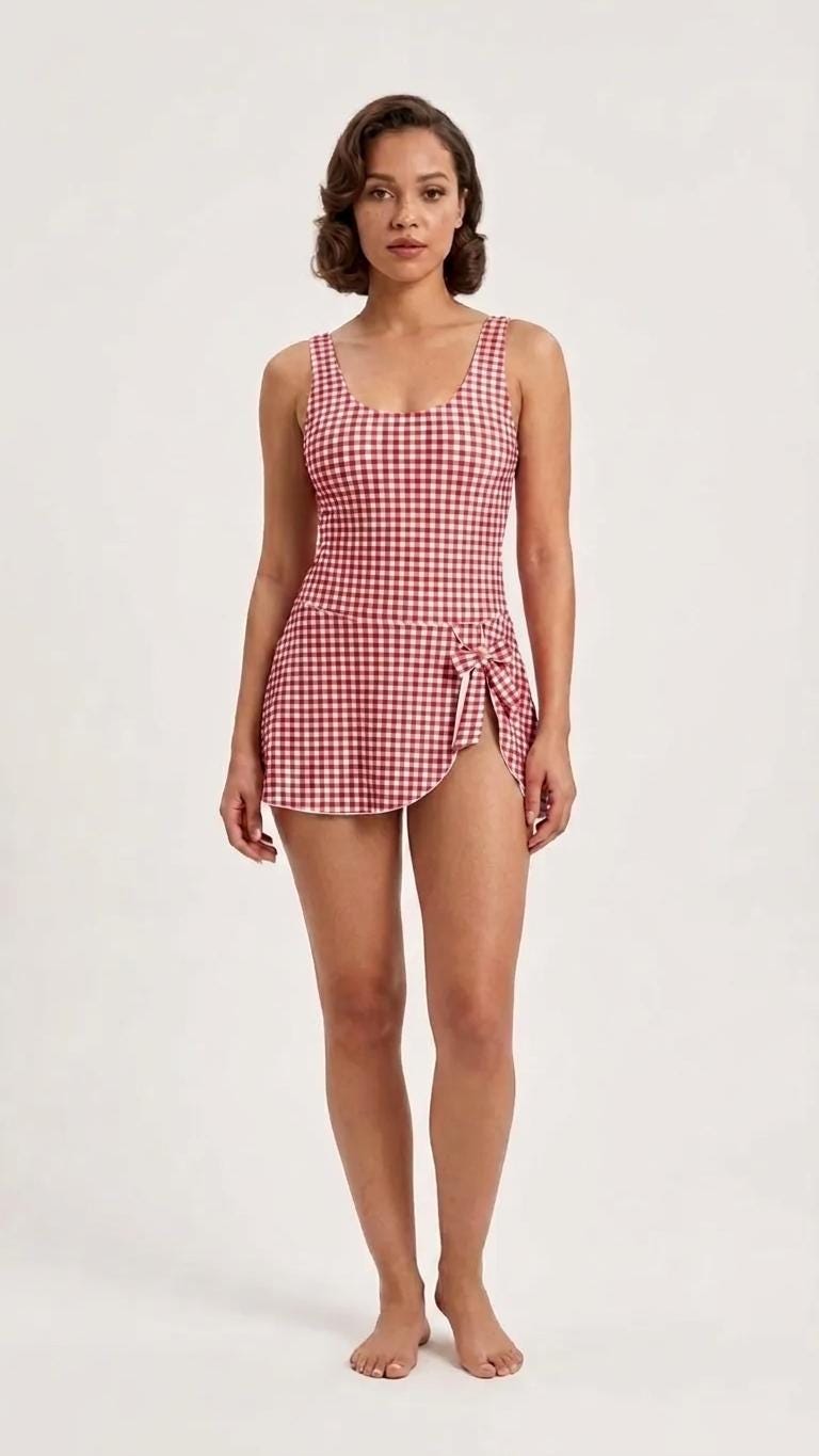 Retro Skirted One-Piece Swimsuit with Side Knot | Integrated Bottoms | Red Gingham