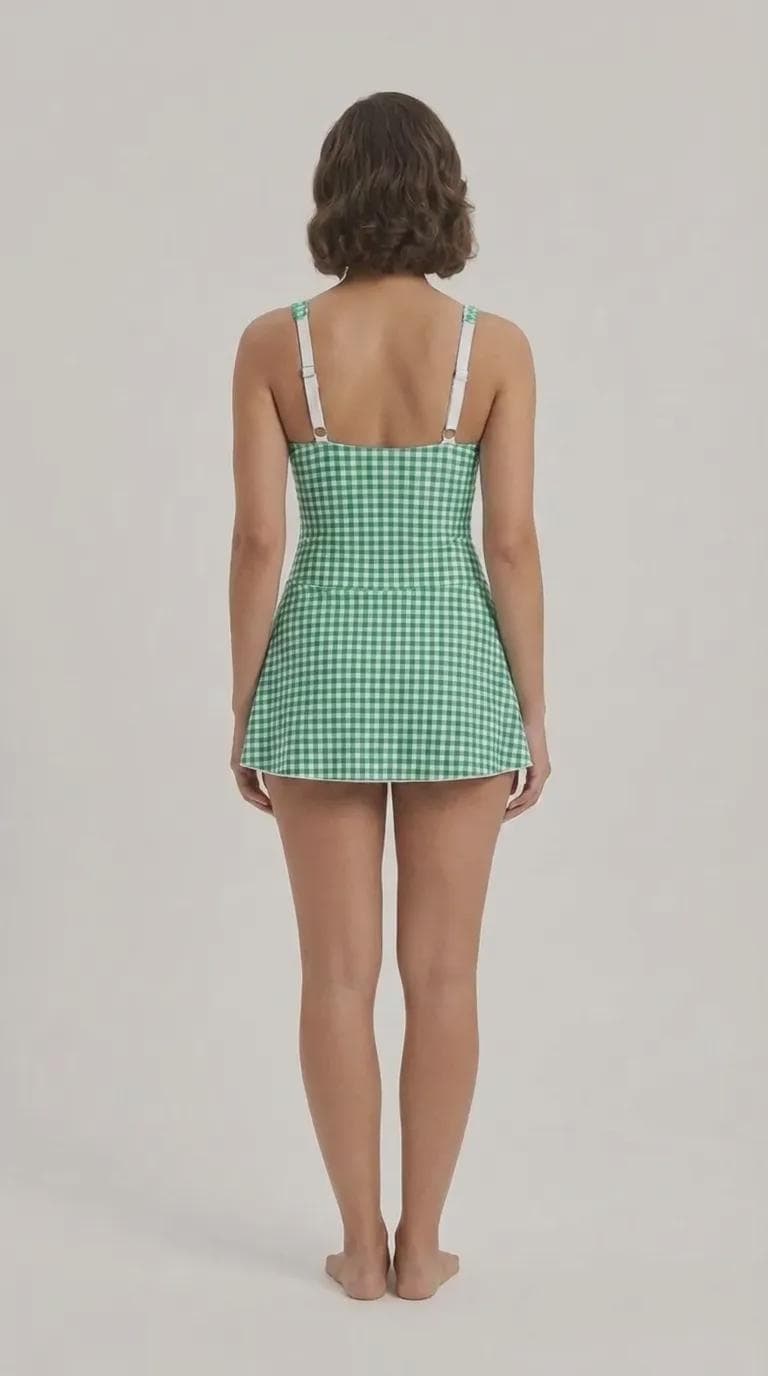 Retro Skirted One-Piece Swimsuit with Side Knot | Integrated Bottoms | Green Gingham