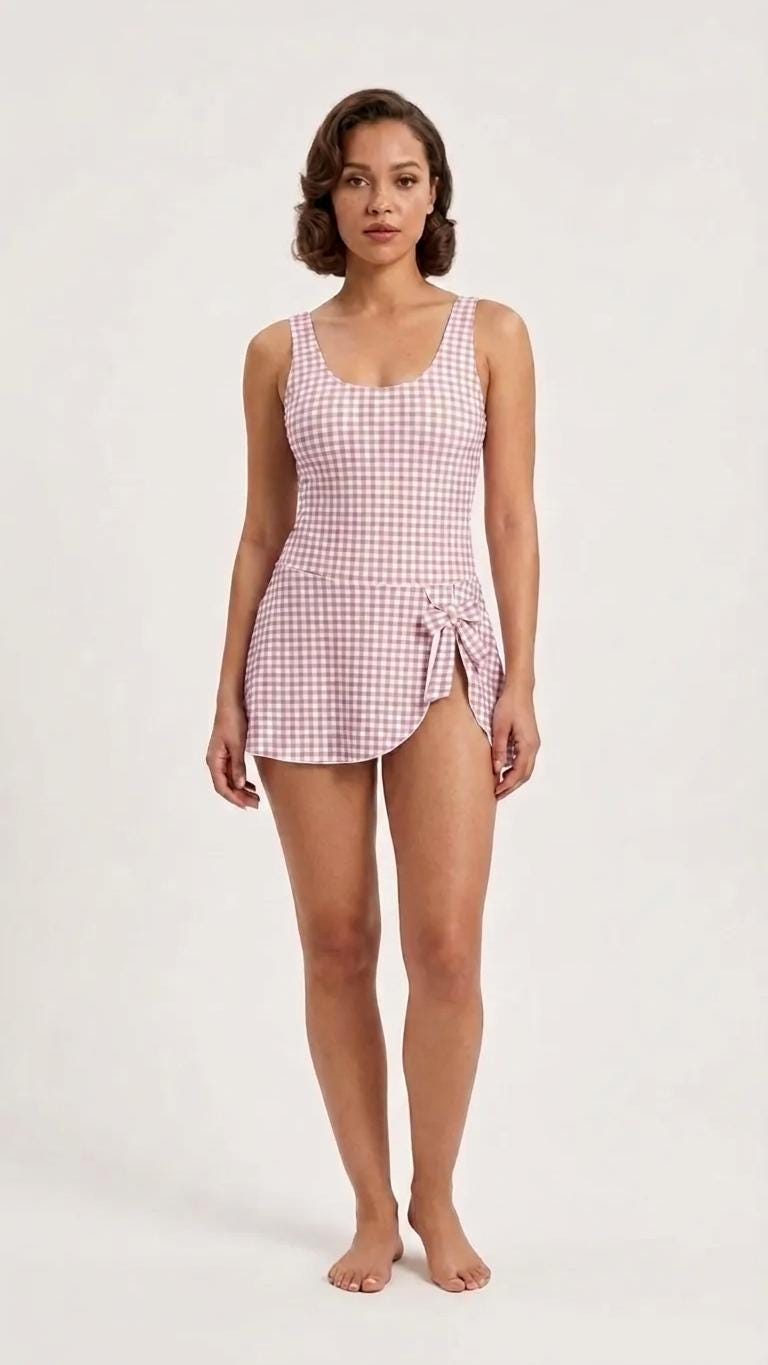 Retro Skirted One-Piece Swimsuit with Side Knot | Integrated Bottoms | Pink Gingham