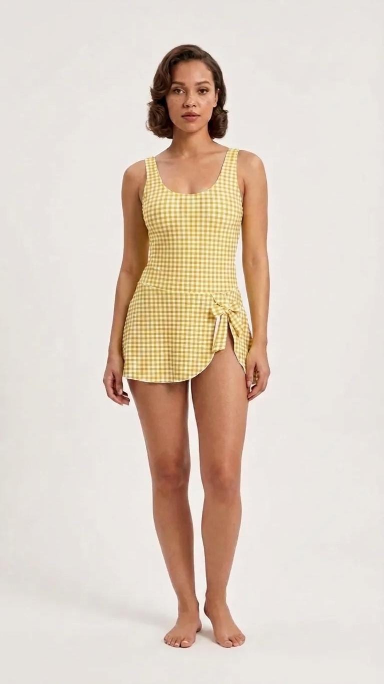 Retro Skirted One-Piece Swimsuit with Side Knot | Integrated Bottoms | Yellow Gingham
