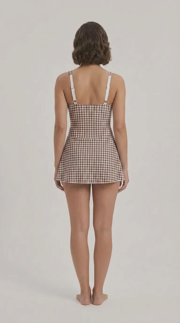 Retro Skirted One-Piece Swimsuit with Side Knot | Integrated Bottoms | Brown Gingham
