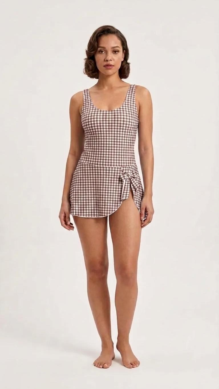 Retro Skirted One-Piece Swimsuit with Side Knot | Integrated Bottoms | Brown Gingham