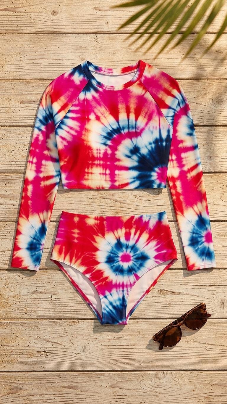 Retro Boho Surf Sporty Long-Sleeve Crop-Top Bikini | High-Waist Two-Piece Swimwear | Red & Blue Tie-Dye Print
