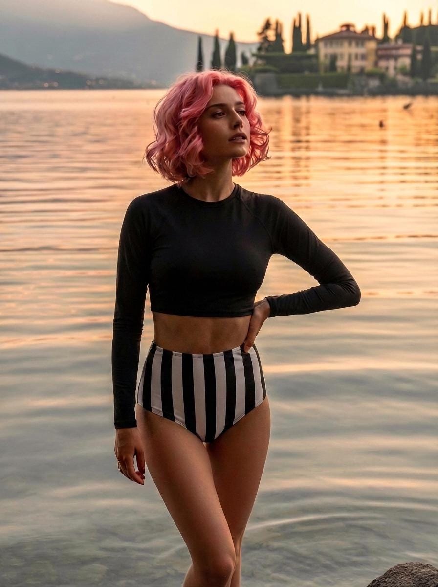 Retro Raglan Crop Top Bikini, High Waist Swimsuit, 60s Stripes in Black or White