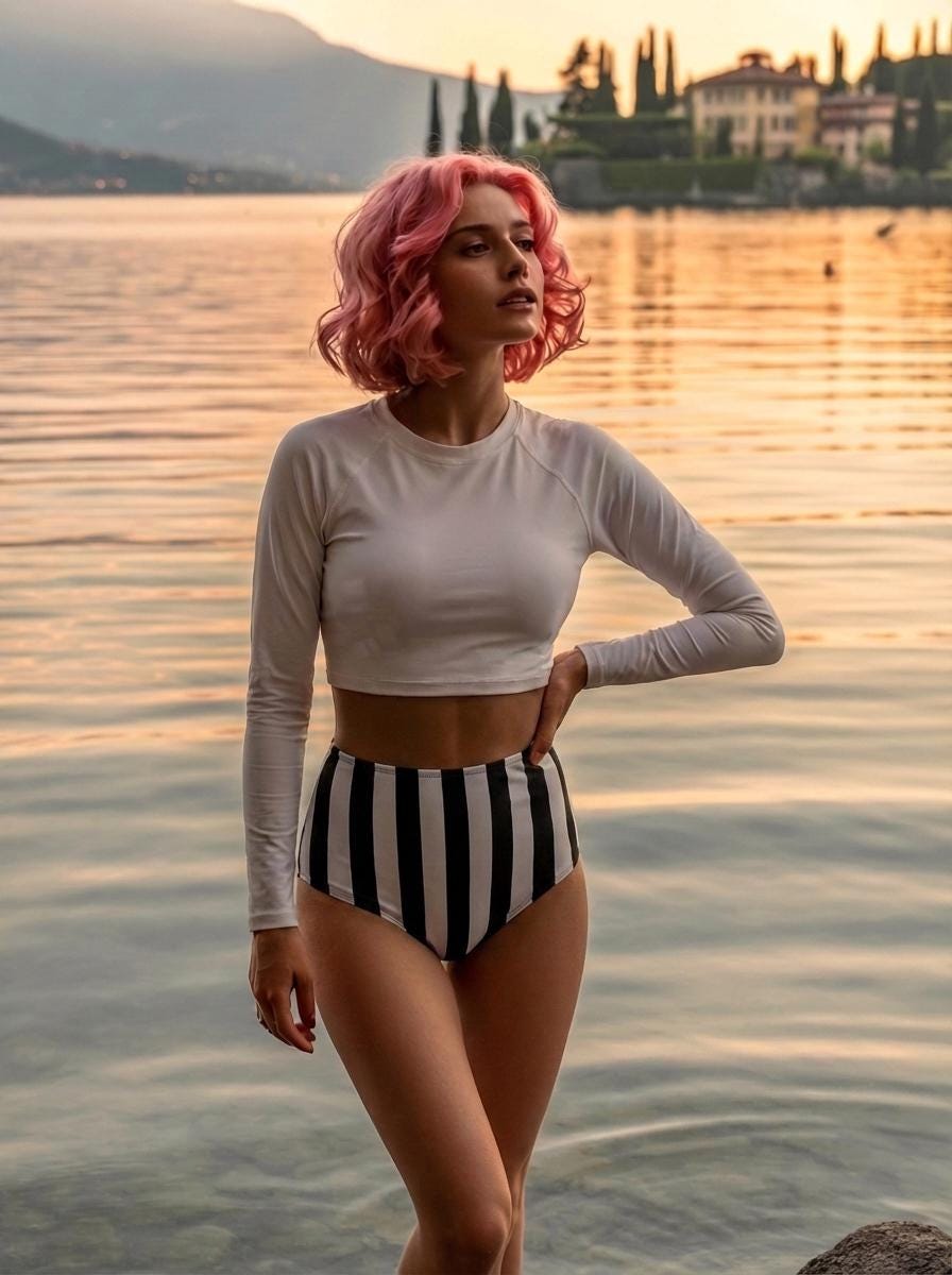 Retro Raglan Crop Top Bikini, High Waist Swimsuit, 60s Stripes in Black or White