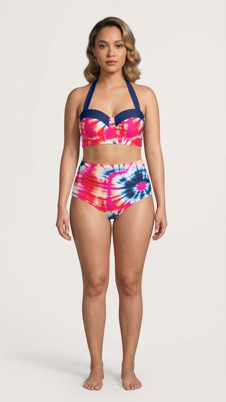 Retro Sweetheart High-Waist Bikini, Pin-Up Halter Swimsuit, Red & Blue Tie-Dye Print