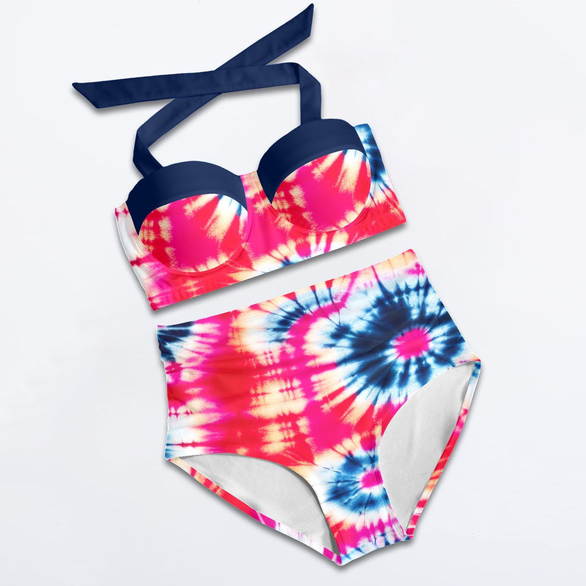 Retro Sweetheart High-Waist Bikini, Pin-Up Halter Swimsuit, Red & Blue Tie-Dye Print