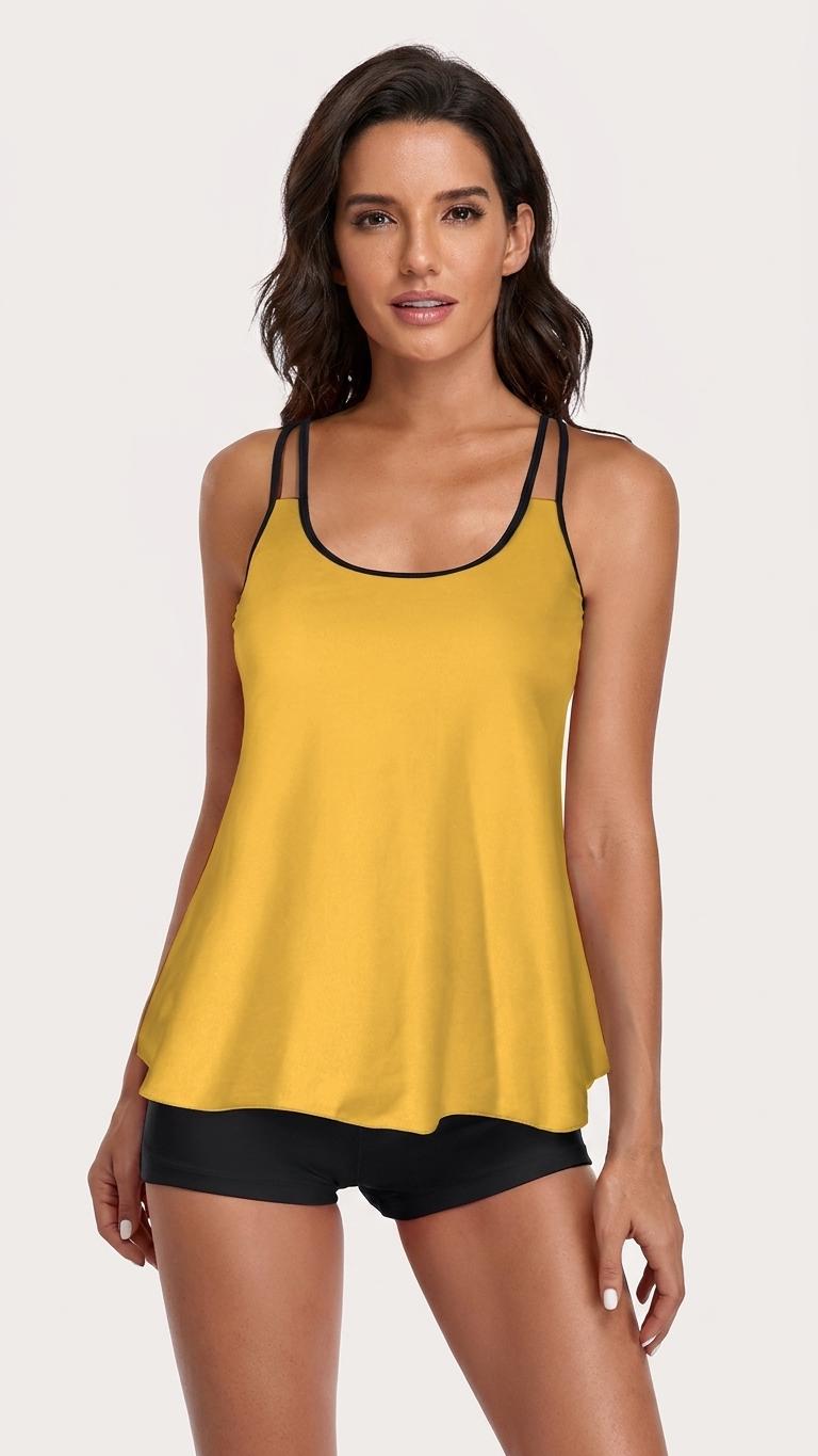 Black & Yellow Flowy Halter Tankini Set – Sleek Two-Piece Swimsuit with Boyshorts