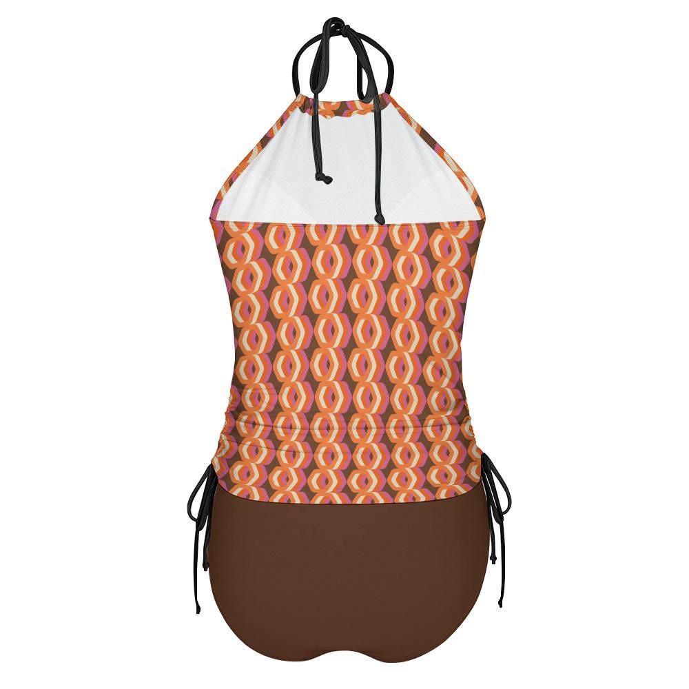Retro Flattering Tankini Groovy 1960s-Inspired Two-Piece Drawstring Halterneck Swimsuit - Mod Psychedelic Brown & Orange