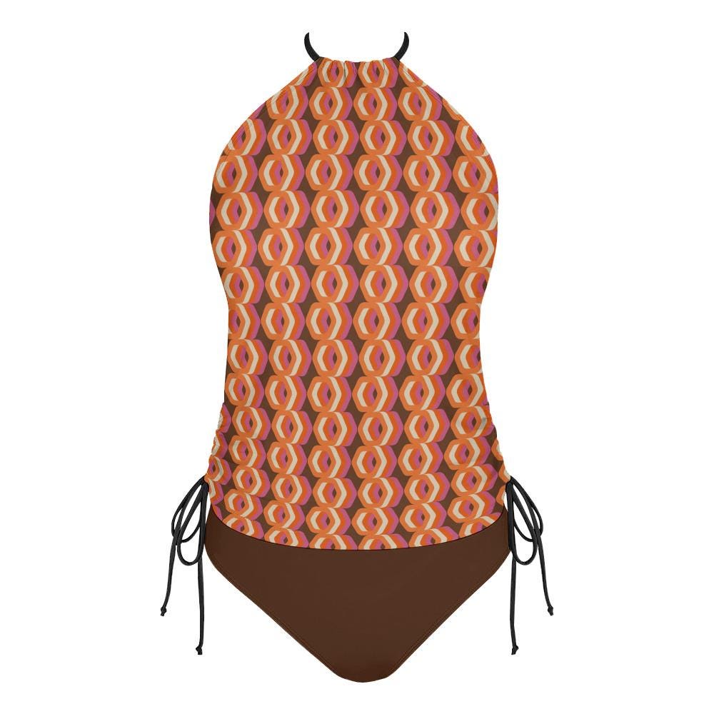Retro Flattering Tankini Groovy 1960s-Inspired Two-Piece Drawstring Halterneck Swimsuit - Mod Psychedelic Brown & Orange