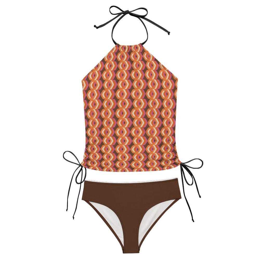 Retro Flattering Tankini Groovy 1960s-Inspired Two-Piece Drawstring Halterneck Swimsuit - Mod Psychedelic Brown & Orange