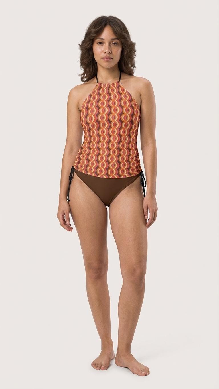 Retro Flattering Tankini Groovy 1960s-Inspired Two-Piece Drawstring Halterneck Swimsuit - Mod Psychedelic Brown & Orange